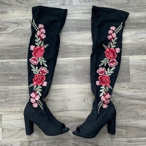 Knee High Floral Black Swede Heeled Boots